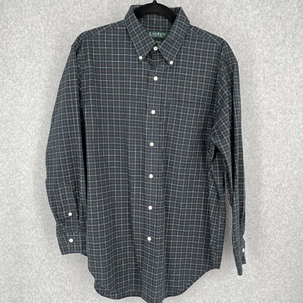 Lauren Ralph Lauren Mens Plaid Button Up Shirt Size 16 Neck Green Red White EUC